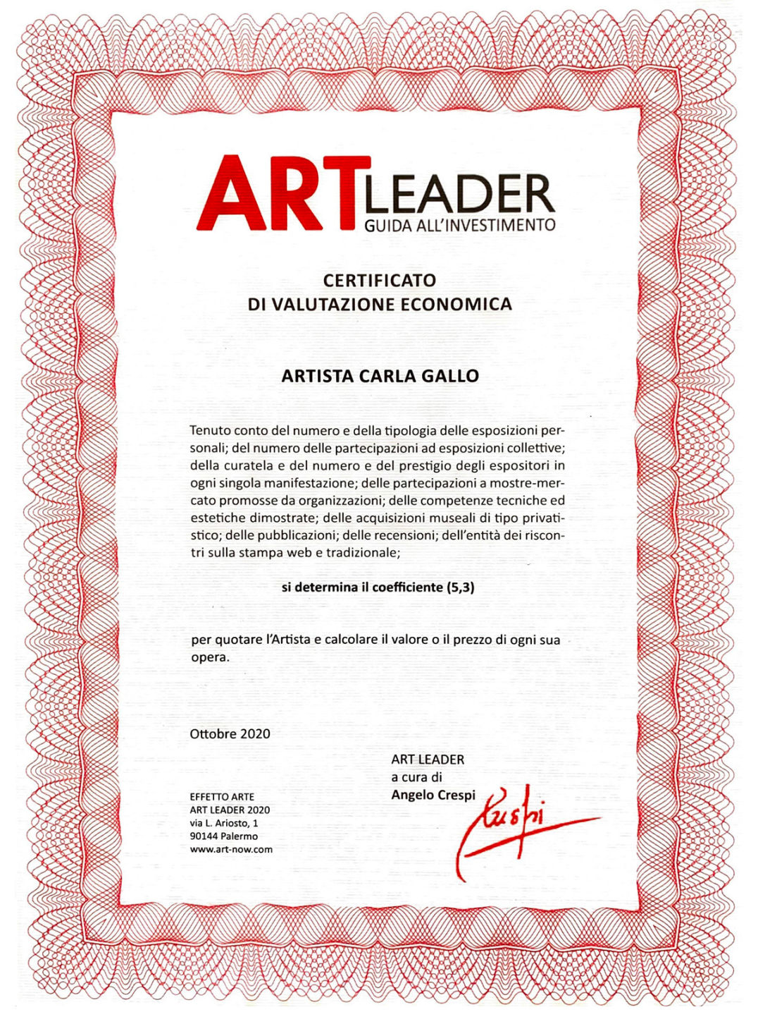 Art Leader - Guida all'Investimento - Certificato di Valutazione Economica - Carla Gallo